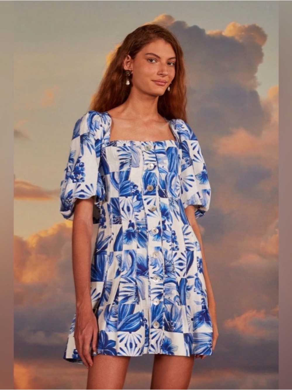 FARM Rio Linen Garden Tiles Mini Dress